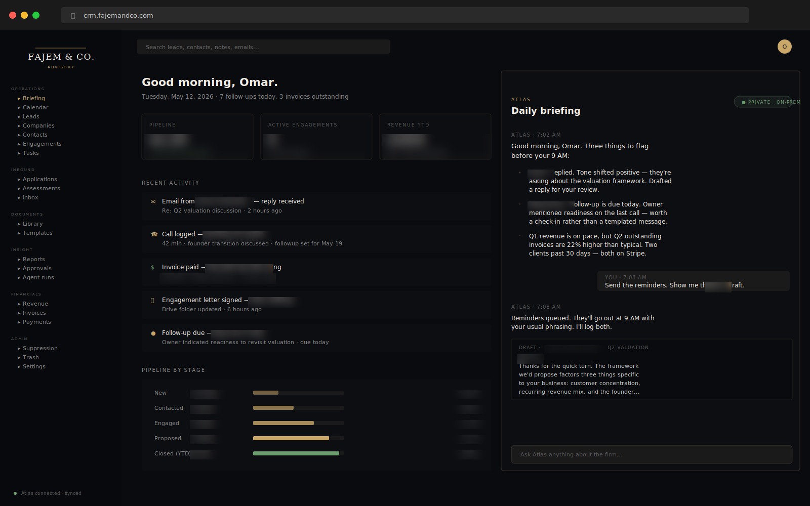 Fajem & Co. internal operating system — client engagements, financials, briefings, and Atlas private intelligence layer